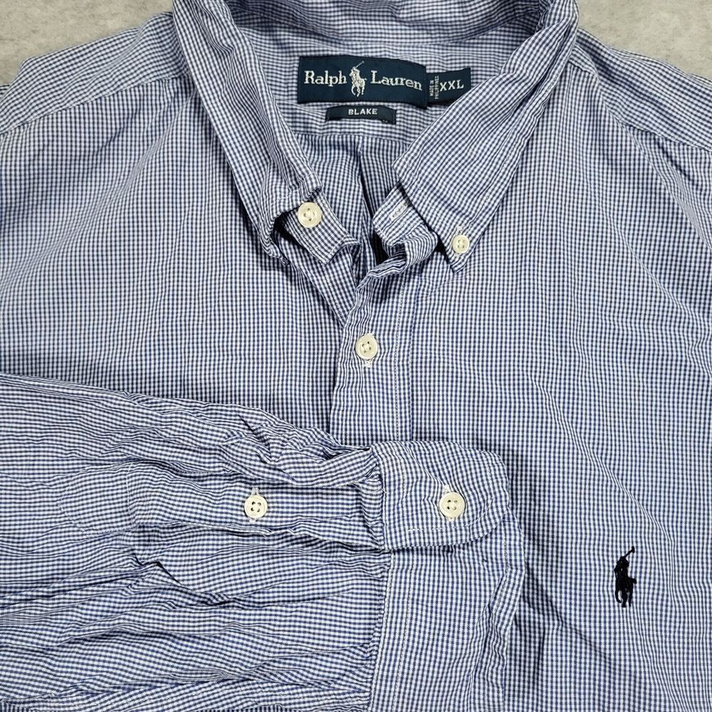 Ralph‎ Lauren Mens XXL Blake Blue Small Gingham Long Sleeve Shirt